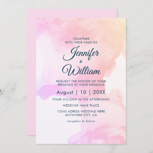 Rosa Elegant Modernes Aquarellfarben Tinte Einladung (Vorne/Hinten)