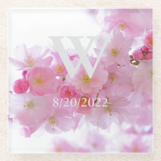 Rosa Elegant Monogram Cherry Blossom Glasuntersetzer (Vorderseite)