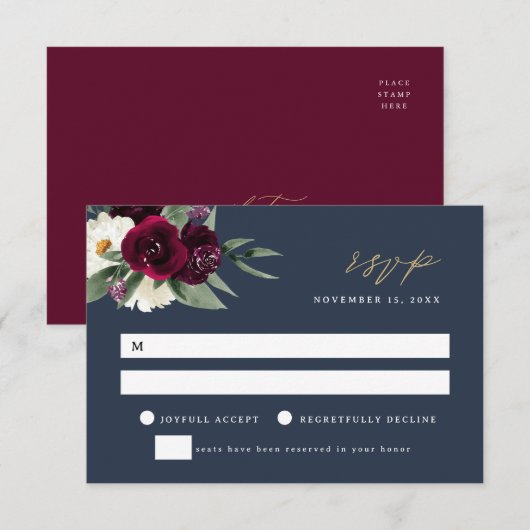 ROSA Elegant Navy & Burgundy Wedding RSVP Card Einladung (Vorne/Hinten)