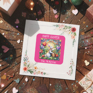 Rosa Elegante Art Nouveau Bunny Garden Ostern Quadratischer Aufkleber