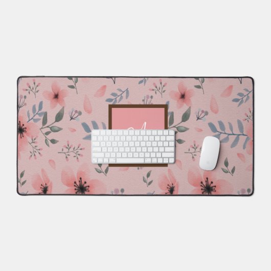 Rosa Elegante Blume Boho Monogram Desk Mat Schreibtischunterlage (Tastatur & Maus)