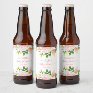 Rosa elegante Blumen Mädchen Baby Shower Bierflaschenetikett