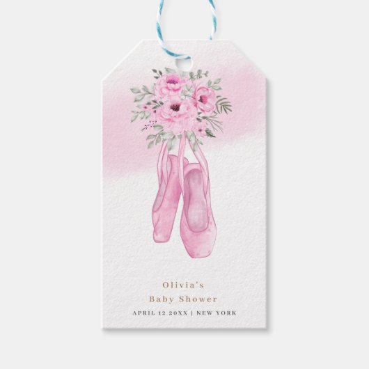 Rosa Elegante Blütenballerina Schuhe Babydusche Geschenkanhänger (Vorderseite)