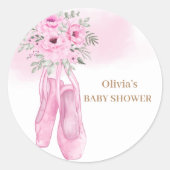 Rosa Elegante Blütenballerina Schuhe Babydusche Runder Aufkleber (Vorderseite)