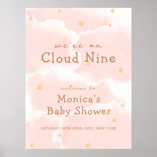 Rosa Elegante Cloud Nine Girl Baby Dusche Willkomm Poster (Vorne)