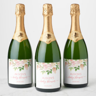 Rosa elegante Floralmädchen-Baby-Party Schaumweinetikett