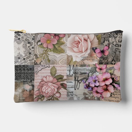 Rosa Elegante Girly Floral Abstrakt Collage Zubehörtasche (Vorderseite)