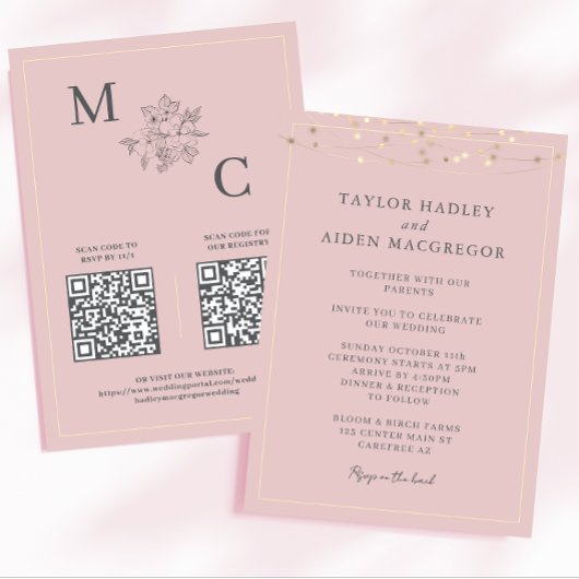 Rosa elegante Hochzeit mit QR-Code Einladung