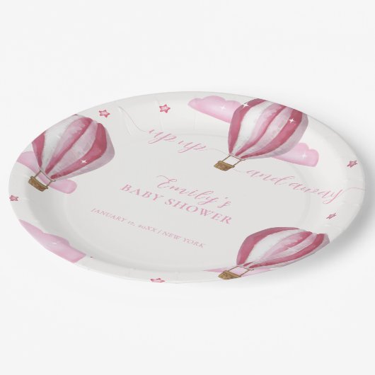 Rosa Elegante Hot Air Ballon Girl Baby Dusche Pappteller (Schrägansicht)