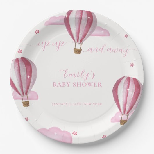 Rosa Elegante Hot Air Ballon Girl Baby Dusche Pappteller (Vorderseite)