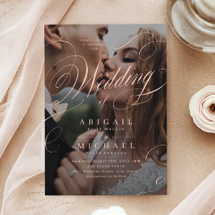 Rosa elegante klassische Kalligrafie-Foto-Hochzeit Einladung