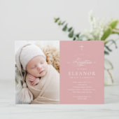 Rosa Elegante Kreuzkalligrafie Foto Taufe Einladung (Stehend Vorderseite)