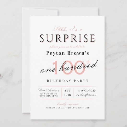 Rosa elegante moderne klassische Überraschung 100. Einladung (Vorderseite)
