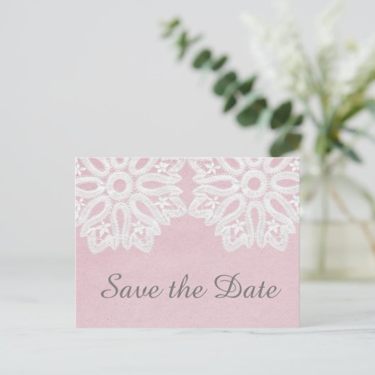 Rosa Elegante Spitze Save the Date Postkarte (Stehend Vorderseite)