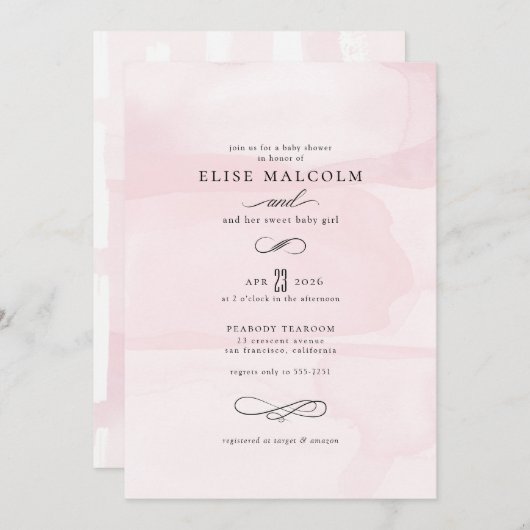 Rosa Elegante Wasserfarbe Moderne Babydusche Einladung (Vorne/Hinten)