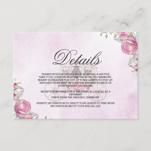 Rosa, elegante Wasserfarben - Blumenkutsche Detail Begleitkarte (Vorderseite)