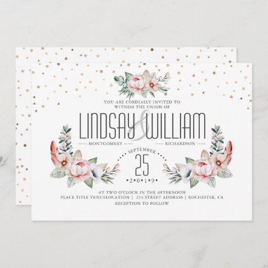 Rosa | Eleganter Blumengarten Hochzeit Einladung (Vorne/Hinten)