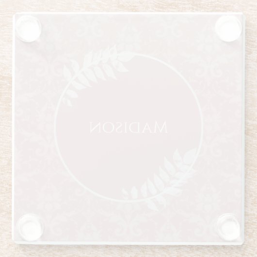 Rosa Eleganter Damask Personalisierter Untersetzer (Rückseite)