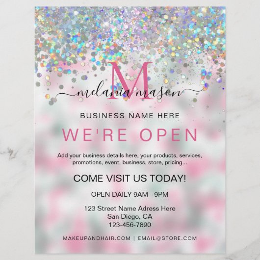 Rosa Eleganter holografischer Glitzer Wir sind Ope Flyer (Vorne)