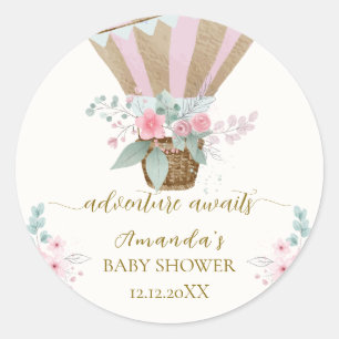 Rosa elegantes florales Heißluftballon-Baby-Shower Runder Aufkleber