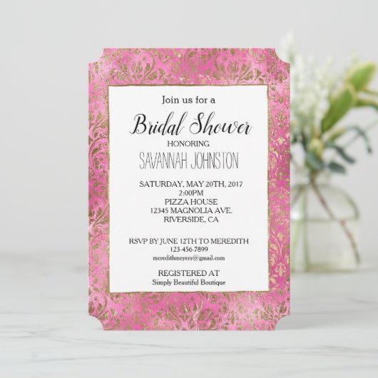 Rosa Elegantes Gold Damask Brautparty Einladung (Stehend Vorderseite)