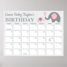 Rosa Elephant Baby Birthday Predictionary Calendar