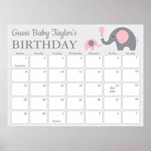 Rosa Elephant Baby Birthday Predictionary Calendar Poster (Vorne)