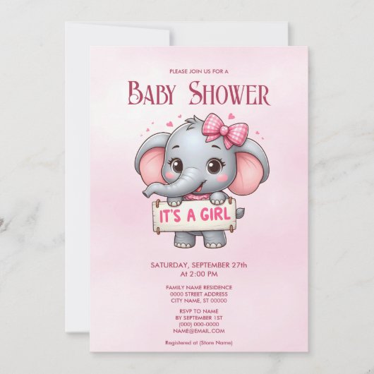 Rosa Elephant Baby Dusche Einladung (Vorderseite)