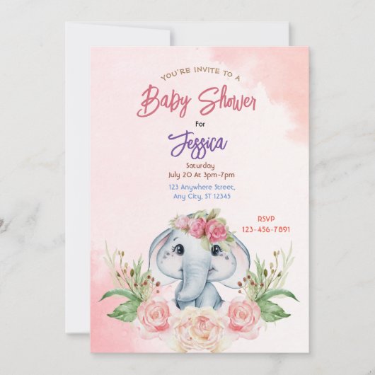 Rosa Elephant Baby Dusche Einladung (Vorderseite)