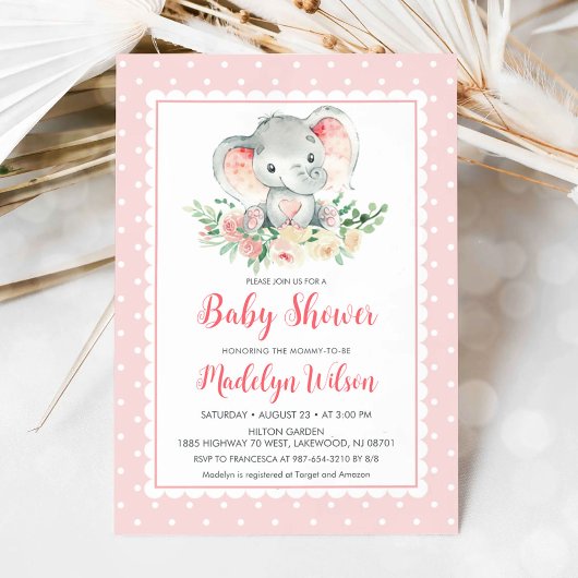 Rosa Elephant Baby Dusche Einladung