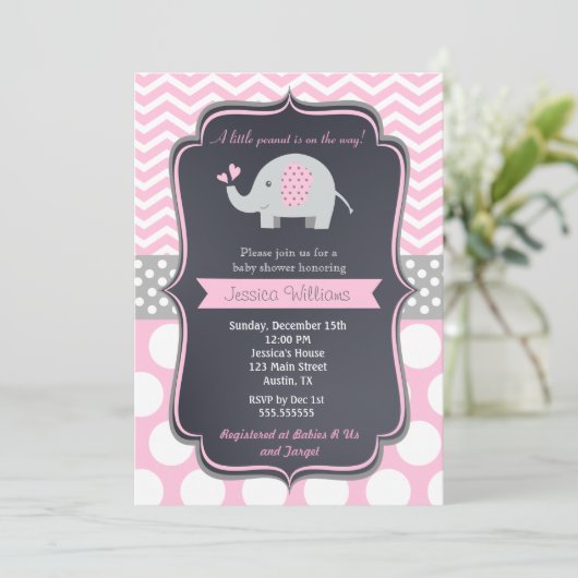 Rosa Elephant Baby Dusche Einladungen (Stehend Vorderseite)