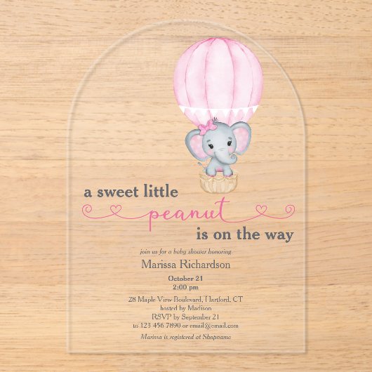 Rosa Elephant Baby Girl Dusche Arch Acryleinladungen (Vorderseite)