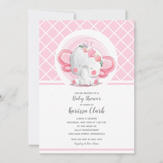 Rosa Elephant Girl Baby Shower Einladungen (Vorderseite)