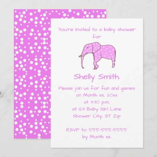 Rosa Elephant White Dots Baby Dusche Einladungen (Vorne/Hinten)