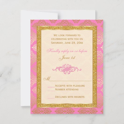 Rosa, Elfenbein, Gold-Glitzer, Damask Floral RSVP- Einladung (Vorderseite)