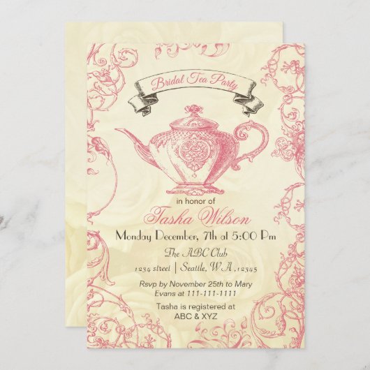 Rosa Elfenbeinküste Rose Vintag Bridal Tee Einladu Einladung (Vorne/Hinten)