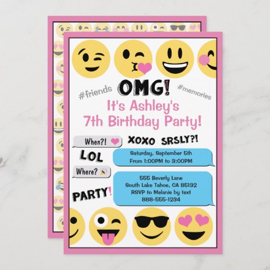 Rosa Emoji Einladung zum Geburtstag (Vorne/Hinten)