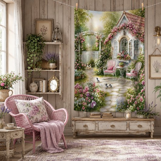 Rosa englische Cottage-Gartenszene | Fleecedecke