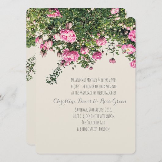 Rosa englische Rose, blumengeschmückte Hochzeit Einladung (Vorne/Hinten)