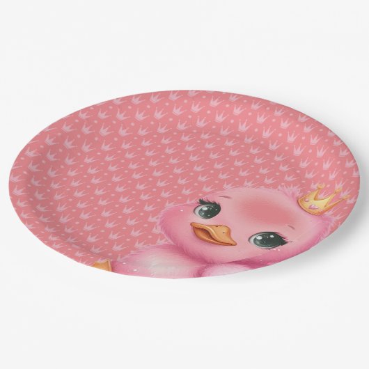 Rosa Ente mit Krone Pappteller (Schrägansicht)