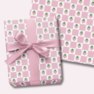 Rosa Erdbeer-Karo-Sommer Geschenkpapier Set