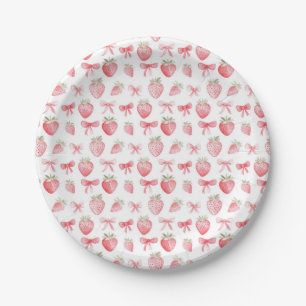 Rosa Erdbeer-Schleifen-Geschenkpapier Coquette Pappteller