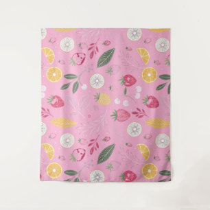 Rosa Erdbeer- und Blumengardine (173 cm x 203 cm) Wandteppich