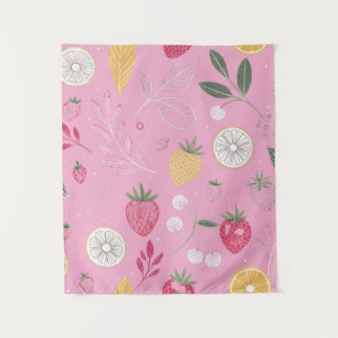 Rosa Erdbeer- und Blumengestick (86 cm x 102 cm) Wandteppich