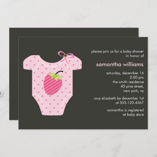 Rosa Erdbeerausstattungs-Mädchen-Babyparty Einladung (Vorne/Hinten)