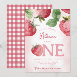Rosa Erdbeere 1. Geburtstag Party Einladung