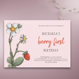 Rosa Erdbeere Blume Berry Erster Geburtstag Einladung