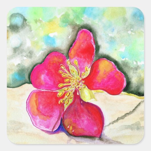 Rosa Erdbeere Blume Wasserfarbe Quadratischer Aufkleber (Vorderseite)