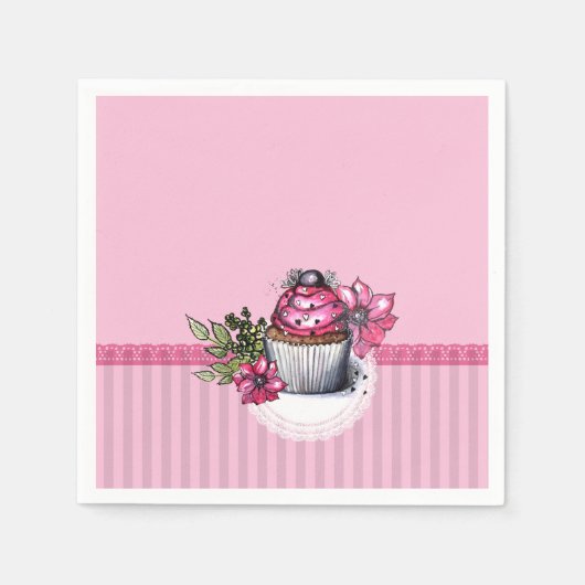 Rosa Erdbeere Cupcake mit rosa Blume Napkins Serviette (Vorderseite)