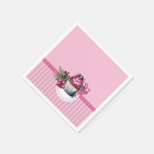 Rosa Erdbeere Cupcake mit rosa Blume Napkins Serviette (Ecke)
